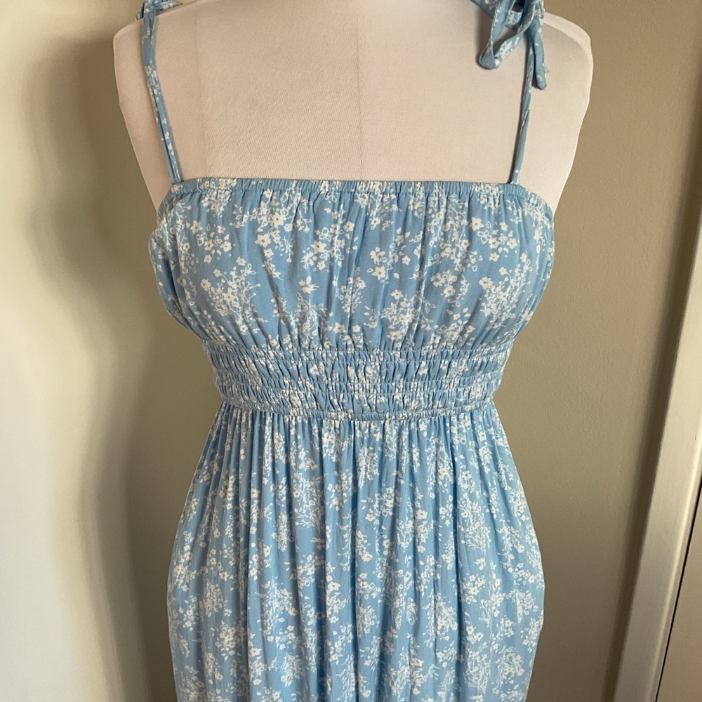 Light Blue Floral Midi Dress Small A-Line Summer Cottagecore Tie Strap Plaid - Picture 2 of 5